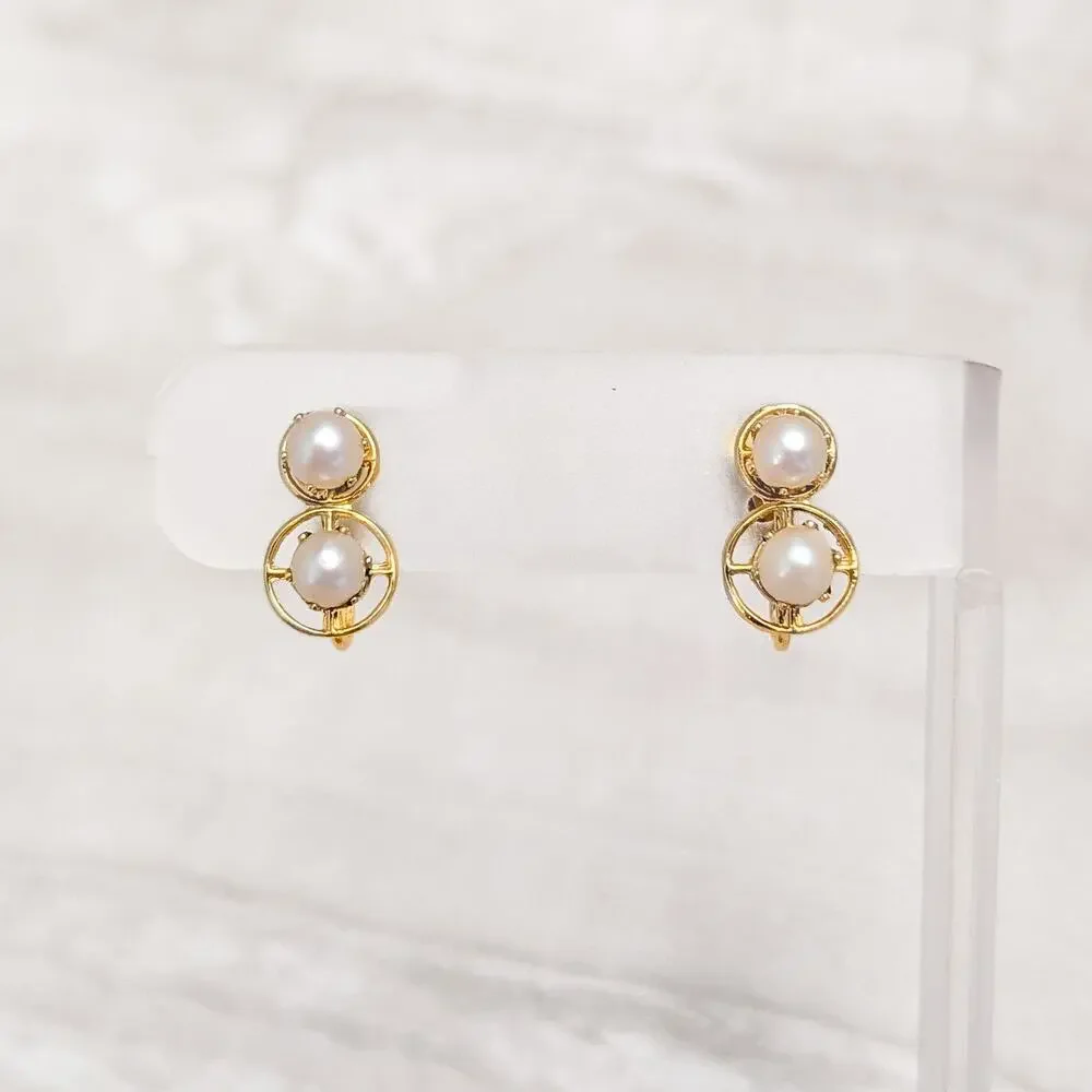 Vintage Clip On Earrings Stylish Geometric Faux Pearl & Gold Tone Duo